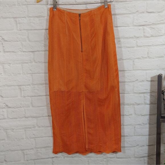 ML Keepsake The Label Orange Think Twice Scallop Modern Midi Pencil Skirt NWT S - Picture 2 of 7